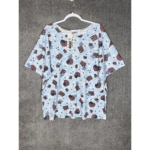 Basic Editions Top Womens Size‎ 24W Blue Flag Heart Floral Short Sleeve USA Made - Picture 1 of 7